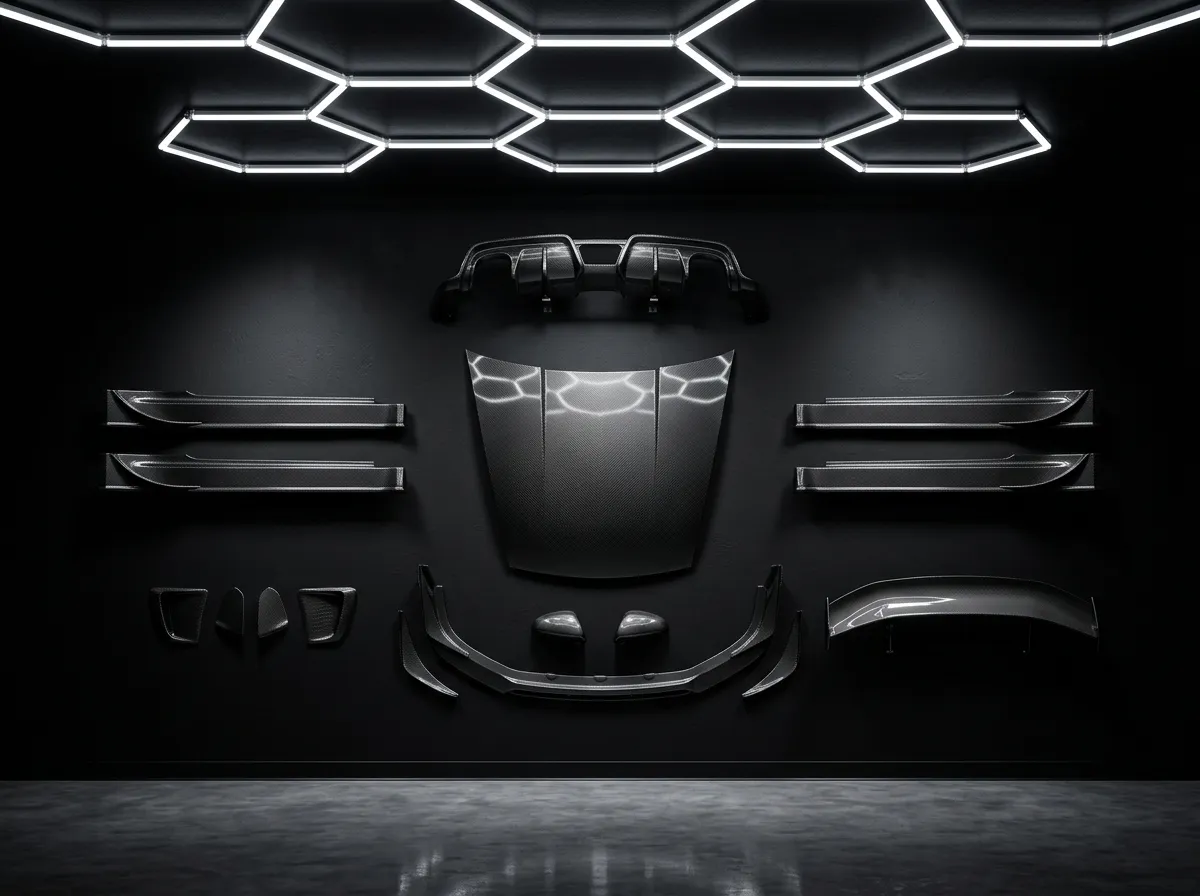 Componentes de body kit de fibra de carbono dispuestos bajo iluminación hexagonal